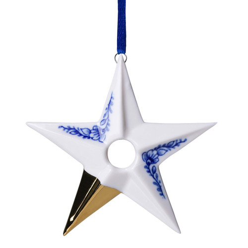 Kerstornament van keramiek (8,5 cm) in stervorm met Delfts blauw en goud