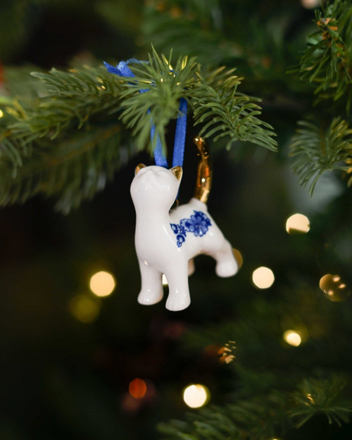 Kerstornament Kat Bedelen keramiek van Heinen Delfts Blauw