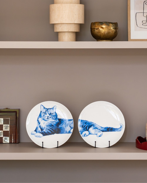 Tweeluik wandbord luie kat van Heinen Delfts Blauw