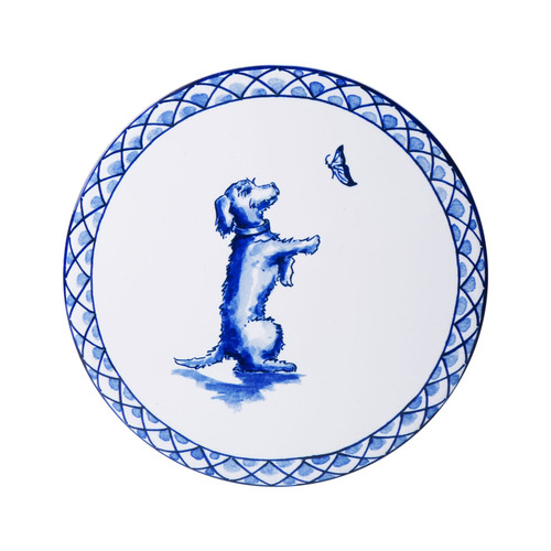 Keramieken pannenonderzetter met teckel Nhaan uit de Sharing Moments collectie van Heinen Delfts Blauw