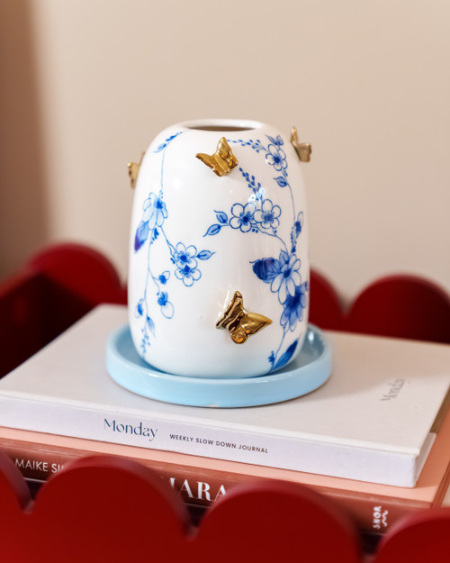 Vaas Rond 3D Vlinders - Vlindergoud van Heinen Delfts Blauw