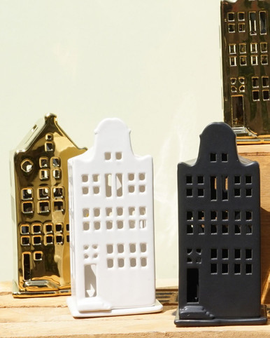 Waxinelichthouder huis - tuitgevel - goud - 17 cm