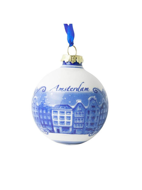Christmas Bauble Amsterdam - Canal Houses - Delft blue - Ceramic - 7 cm