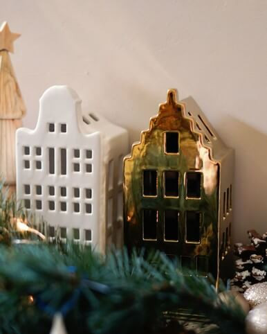 Tealight Holder House - Stepped Gable - Gold - 17 cm