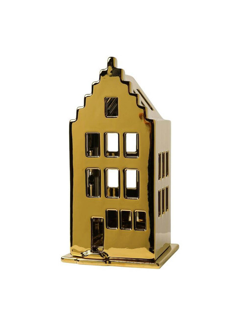 Waxinelichthouder huis - trapgevel - goud - 17 cm