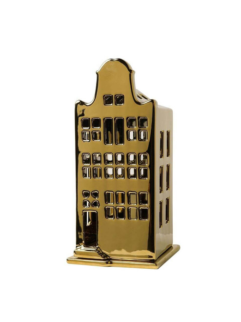 Waxinelichthouder huis - klokgevel - goud - 17 cm
