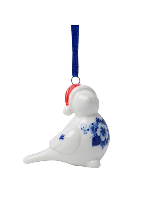 Kerstornament Vogel met kerstmuts - Links - Keramiek - 6 cm