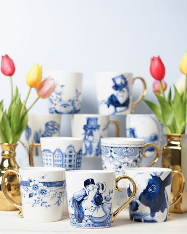 Mok Kissing couple - Delfts blauw - Goud - Keramiek - 300 ml