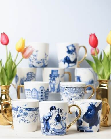 Mok Kissing couple - Delfts blauw - Goud - Keramiek - 300 ml