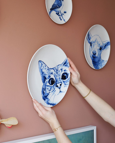 Wall Plate Cat - Delft blue - Ceramic - 31 cm
