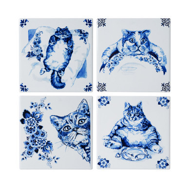 Onderzetters Luie kat - Vierkant - Keramiek - set van 4