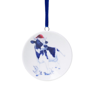 Kerstornament wandbordje - Kerstmuts koe - Keramiek - 6 cm