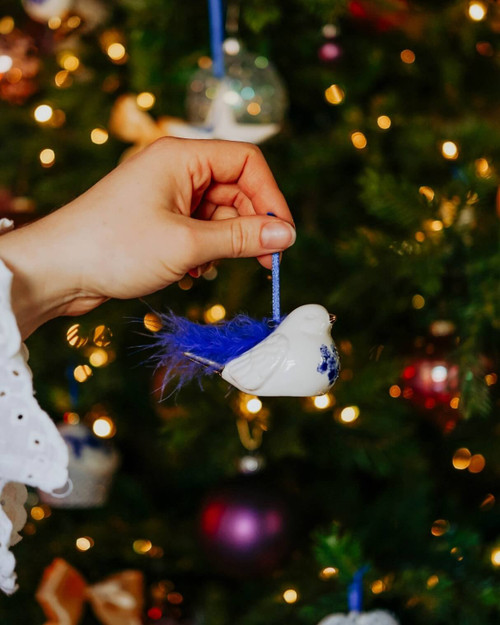 Kerstornament vogel met veer - Keramiek - 5 cm