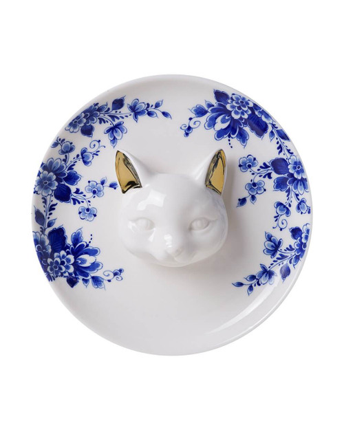 Wandbord 3D kat - Delfts blauw - Keramiek - 20 cm