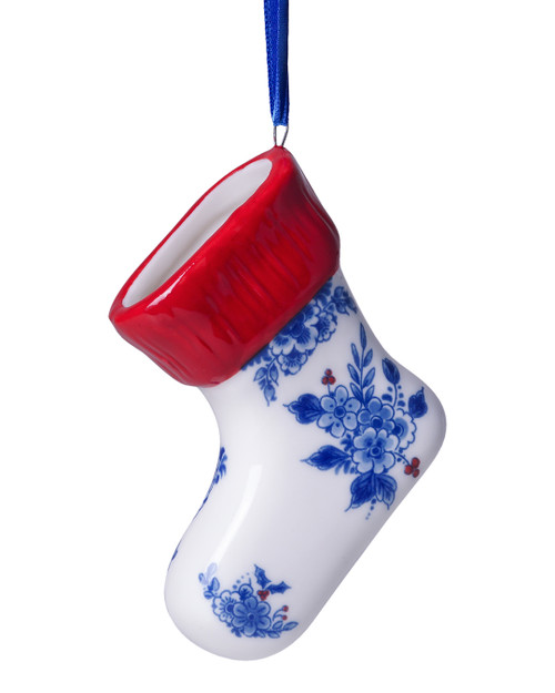 A Christmas ornament in the shape of a traditional Christmas stocking.
