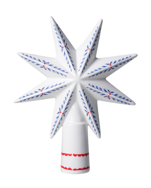 Tree topper in the shape of a star, made of ceramic and decorated with Delft blue flowers and red accents.