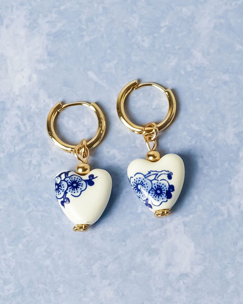 Earrings Hearts - Delft Blue - Ceramic - 4 cm