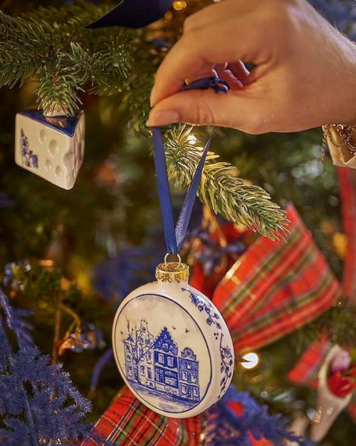 Platte Kerstbal Huisjes - Keramiek - 8 cm