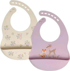 Feeding-Purple Animals/Flower 2 Pack Silicone Bibs