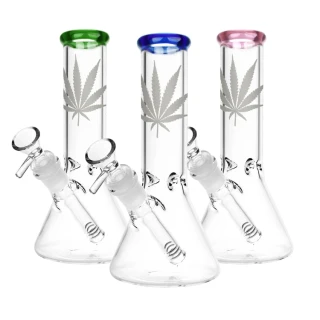 Silver Hemp Leaf 7.5 Glass Beaker Water Pipe - 14mm F Colors Vary