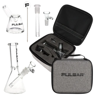 Pulsar Slant Neck Beaker Glass Water Pipe Zippered Case Travel Kit - 7" / Clear