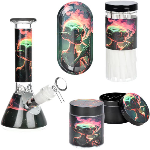 Alien Glass Beaker Water Pipe Smoking Set - 7.75" / 14mm F Alien