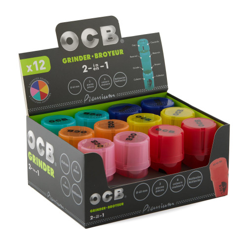 12ct OCB 40mm 2in1 Grinder/Stash Display - 6 Colors