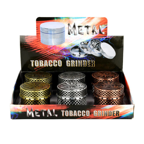 6ct SeshGear Hemp Leaf Trio Solid Metal Grinder Display- 4pc / 2" / Assorted