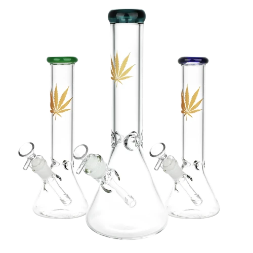 Gold Hemp Leaf Glass Beaker Water Pipe - 14mm F / Colors Vary