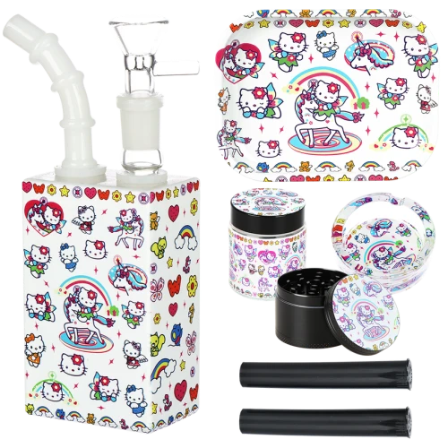 Cute Kitty Juicebox Glass Water Pipe Smoker's Travel Kit - 7" / 14mm F / Unicorn Kitty