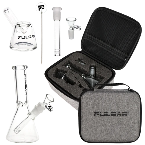 Pulsar Slant Neck Beaker Glass Water Pipe Zippered Case Travel Kit - 7" / Clear