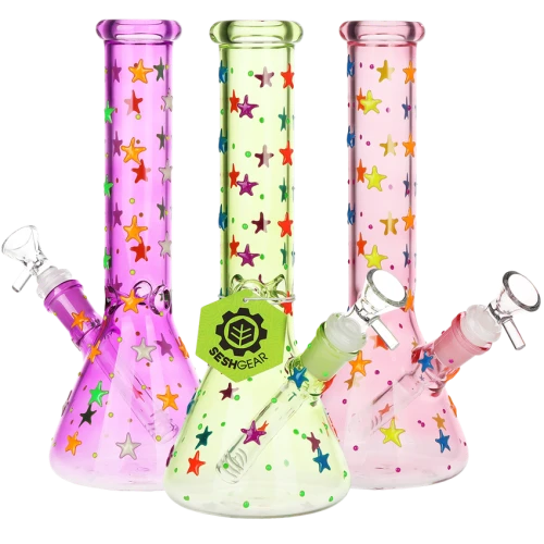 3ct SeshGear Shining Star Beaker Glass Water Pipe Bundle - 10" / 14mm F / Assorted Colors