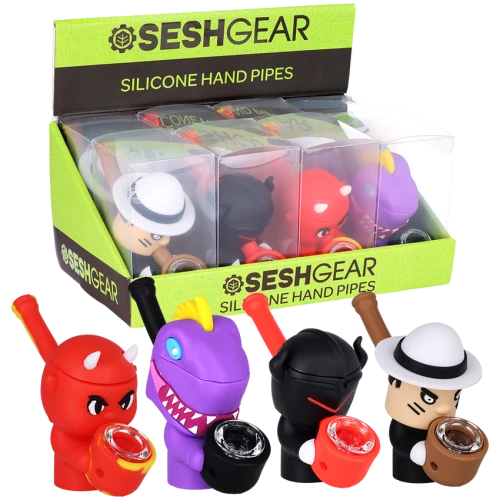 8ct SeshGear Silicone Squad Secret Stash Hand Pipes Display - 4" / Assorted Designs