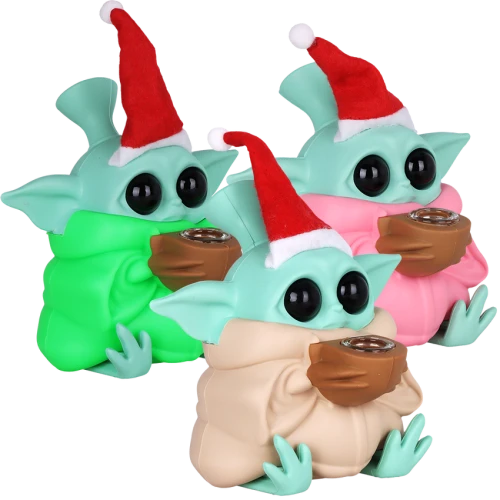 3ct Cute Little Christmas Alien Silicone Water Pipe w Glass Bowl Bundle - 4.75"