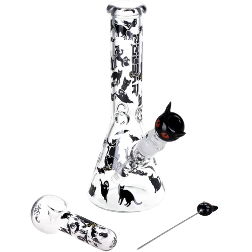 Pulsar Superstitious Kitty GLOW Glass Herb Pipe Duo - 9.75" / 14mm F