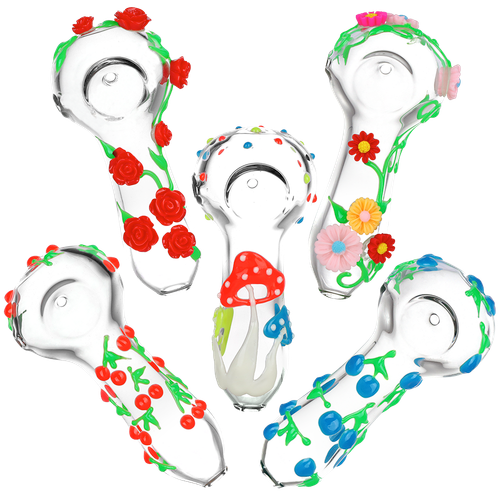 5ct Nature's Bounty Glow Glass Spoon Pipes Bundle - 4" / Assorted Designs