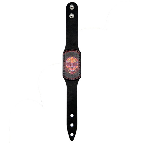 Day of the Dead Black Leather Bracelet w/ Multi Color