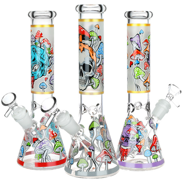 Monsters And Shrooms Glow Glass Beaker Water Pipe - 10" - 14mm F - Designs Vary