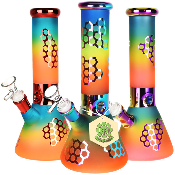 Rainbow Honeycomb Glass Water Pipe - 10" / 14mm F