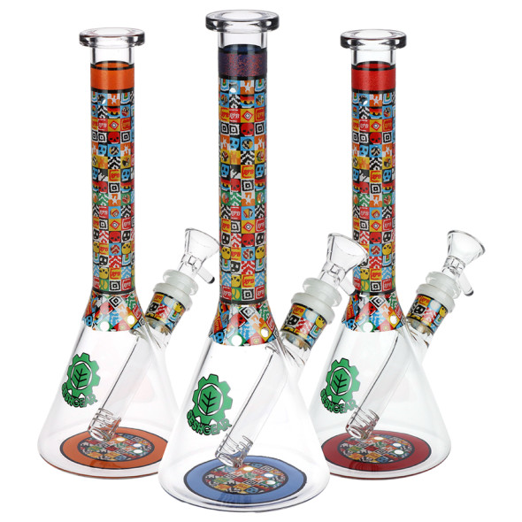 SeshGear Icon Blocks Pattern Beaker Glass Water Pipe - 10" / 14mm F / Colors Vary