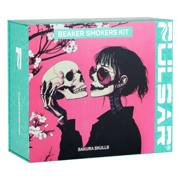 Pulsar Design Series Beaker Water Pipe Smokers Kit - 7.75" / Sakura Skulls