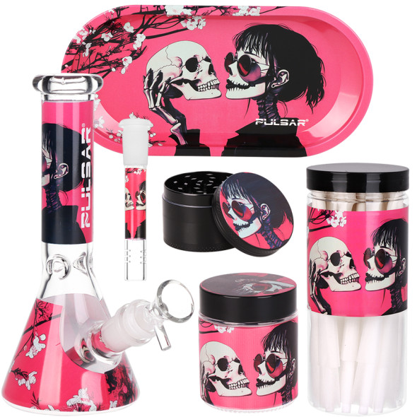 Pulsar Design Series Beaker Water Pipe Smokers Kit - 7.75" / Sakura Skulls Pulsar Design Series Beaker Water Pipe Smokers Kit - 7.75" / Sakura Skulls