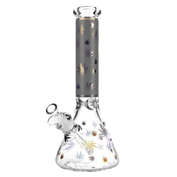 Foil Hemp Leaf Print Water Pipe- 14" / 14mm F / Colors Vary