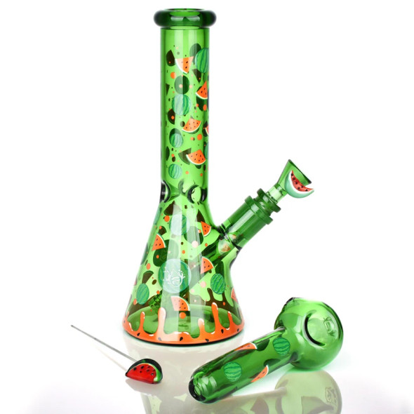 Pulsar Fruit Series 10" Beaker, Pipe and Poker Glow Combo Watermelon Zkittles Pulsar Fruit Series 10" Beaker, Pipe and Poker Glow Combo Watermelon Zkittles
