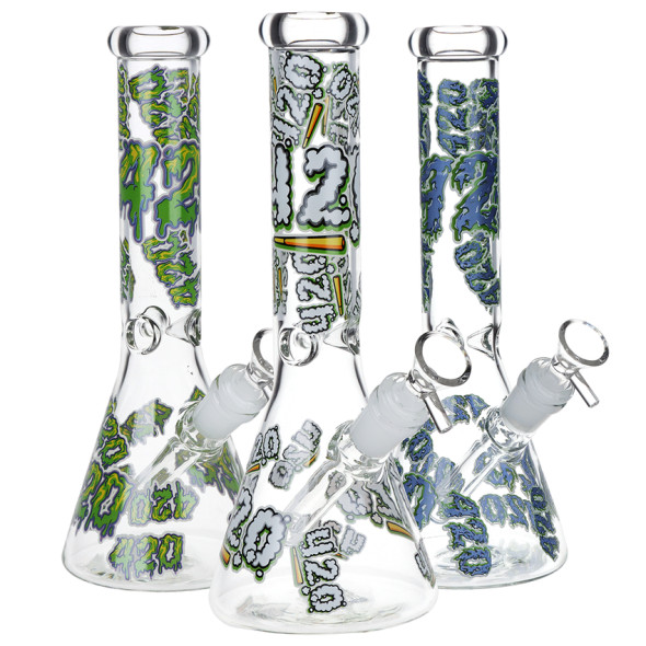420 Clouds Glow In The Dark Beaker Glass Water Pipe - 10" / 14mm F / Colors Vary 420 Clouds Glow In The Dark Beaker Glass Water Pipe - 10" / 14mm F / Colors Vary