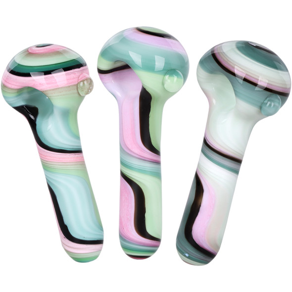 Heady Ribbons Glass Spoon Pipe w Marble - 4" / Assorted Colors/3CT BUNDLE