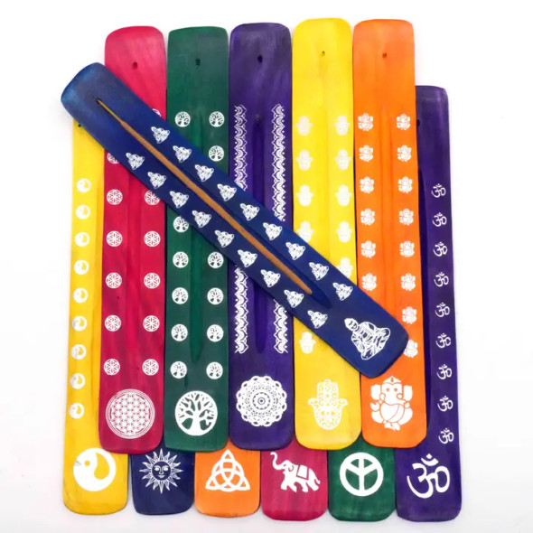 12PC - Wooden Incense Burner - Assorted Design Inlay & Assorted Colors