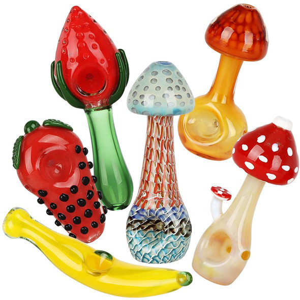 Fruit of the Shrooms Deluxe Glass Hand Pipe Assortment - Assorted Sizes & Styles/6ct Bundle