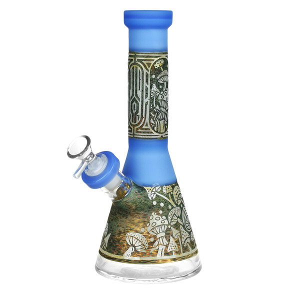 Mushroom Melange Etched Beaker Glass Water Pipe - 9" / 14mm F / Colors Vary
