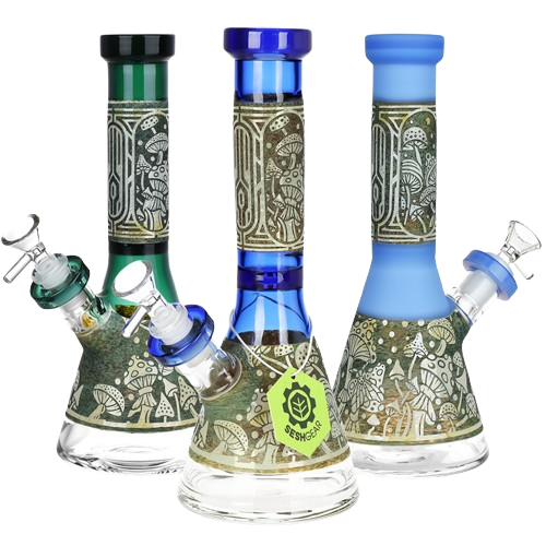 Mushroom Melange Etched Beaker Glass Water Pipe - 9" / 14mm F / Colors Vary